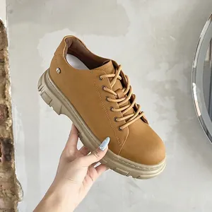 Vintage British style tan platform leather shoes with hidden 7cm heel and round toe design