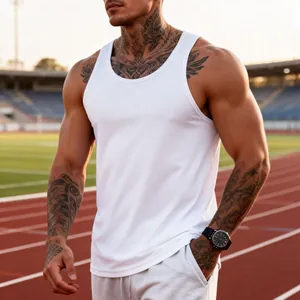 Close-up detail of white men's quick-dry gym tank top on an athletic track background.
