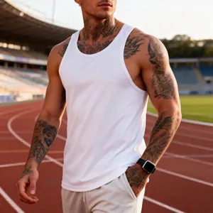 Close-up of a white quick-dry athletic tank top on a male model at a sports track