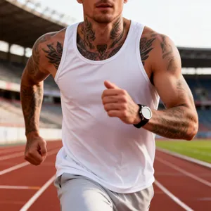 Action detail of a men's white quick-dry fitness tank top during outdoor running in stadium