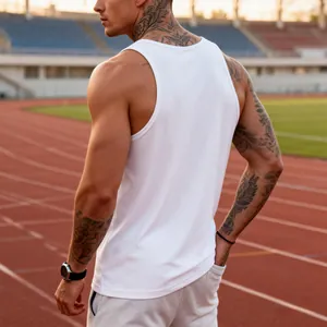Rear view of men's white slim fit quick-dry athletic tank top for gym and sports training