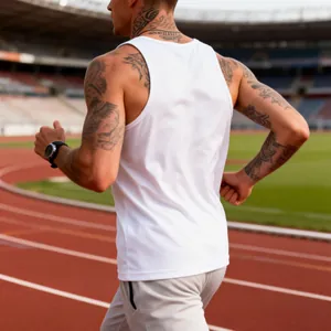 Back view of a white racerback quick-dry men's sports tank top on a professional running track