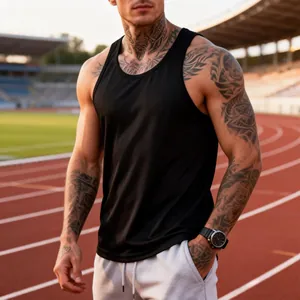 Detailed view of men's quick-dry black tank top worn by an athlete on a track