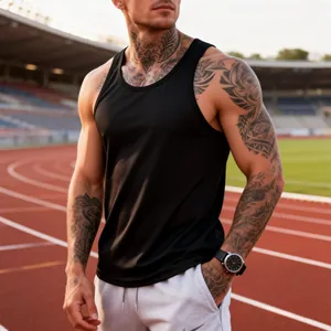 Close-up of athletic man wearing a black quick-dry fitness tank top on a running track.