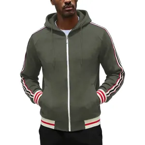 Men's army green zip-up hoodie featuring striped sleeves and white ribbed cuffs