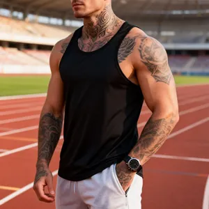 Muscular man wearing black slim fit athletic tank top at outdoor running track
