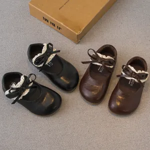 Scarpe da Principessa con Fiocco e Pizzo per Bambine Scarpe Mary Jane in Pelle Suola Morbida Eleganti e Dolci Scarpe Basse a Punta Tonda