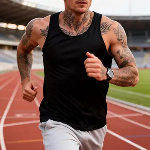 Action shot of a man running on a track field wearing a black athletic racerback top