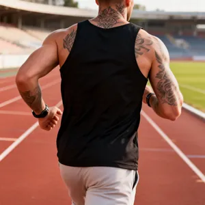 Rear view of a man running in a slim-fit black quick-dry sports tank top on a track