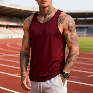 Professional men's burgundy quick-dry athletic tank top for gym training on a track