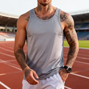 Close-up of men's grey quick-dry slim fit sports tank top on athletic model at track.