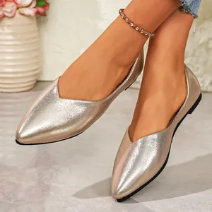 French Style Women Mary Jane Flats Pointed Toe V-Neck PU Leather Metallic Shine Soft Slip-on Flat Casual Shoes Large Size