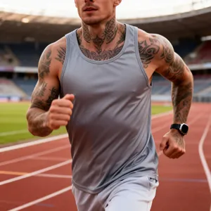 Man running on track wearing a grey quick-dry slim fit sports tank top