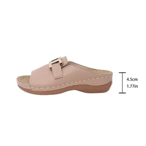 Detailansicht der 4,5 cm Keilabsatzhöhe bei beigen Sommer Pantoletten Sandalen für Damen
