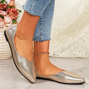 Elegant metallic silver pointed-toe flat shoes for women with comfortable slip-on design