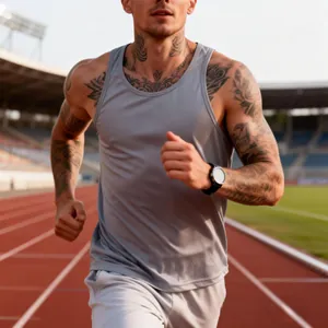Athletic grey quick-dry men's gym tank top shown on runner at a professional track