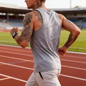 Detailed view of a men's grey quick-dry athletic tank top being worn during a run