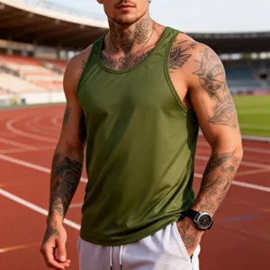 Close-up of olive green men's slim-fit quick-dry tank top on a model at a track