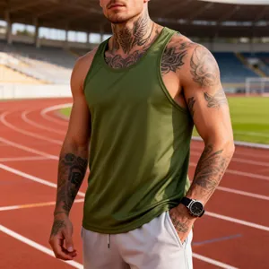 Men's slim fit quick-dry athletic tank top in olive green, shown in a stadium setting