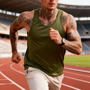 Detail of men's olive green quick-dry sports tank top during a running workout in a stadium.