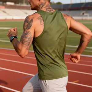 Detailed view of the olive green quick-dry sports tank top worn by a running athlete.