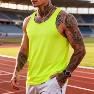 Neon yellow quick-dry athletic tank top for men, slim fit gym vest shown on track.