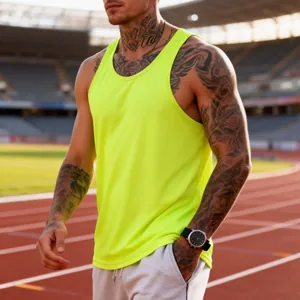 Close-up of neon yellow quick-dry racerback tank top for men's fitness training on track