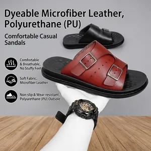 Men Casual Double Buckle Slide Sandals Microfiber PU Leather Non-slip Beach Slippers Outdoor Wear Shoes Plus Size