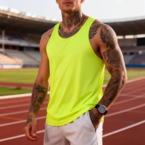 Close-up of men's neon yellow quick-dry athletic tank top for gym workout and running