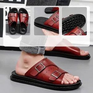Classic reddish-brown PU leather men's sandals with double buckle straps and thick sole