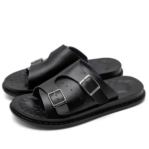 Premium black PU leather sandals for men featuring double adjustable silver buckles