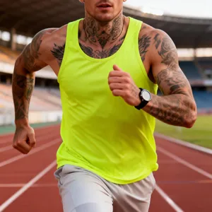 Close-up of a men's neon green quick-dry gym tank top worn by a running model
