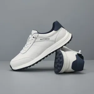 White genuine leather sports sneakers for men with thick soles and lace-up design