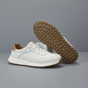 Premium white genuine leather sneakers for men with thick brown pebble traction sole