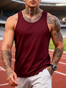 Men's slim-fit quick-dry athletic tank top in burgundy for professional gym training