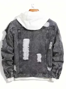 Vue arrière détaillée d'une veste en jean grise délavée avec une capuche blanche contrastée