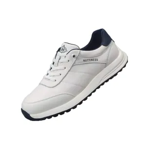 Premium white genuine leather casual sneakers for men with breathable lace-up design