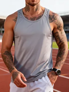 Professional men's grey quick-dry athletic racerback tank top for gym fitness and outdoor running