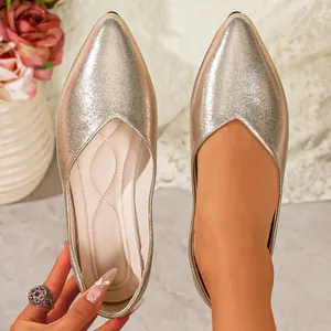 Champagne gold metallic pointed-toe flats with v-neck design and comfortable sole