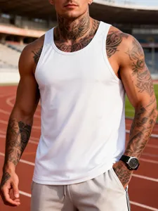 Men's white quick-dry racerback tank top for fitness and gym wear in outdoor stadium