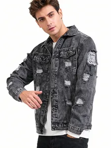 Giacca di Jeans Uomo Snow Wash Distressed Vintage Streetwear Cotone Casual Monopetto Giubbotto di Jeans