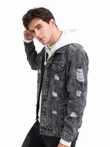 Giacca di jeans da uomo slavata con dettagli strappati in stile streetwear grigio