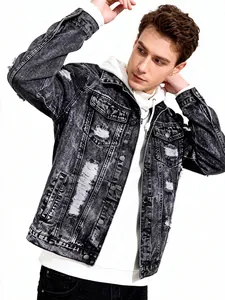 Elegante giacca di jeans grigia da uomo con effetto snow wash e dettagli usurati trendy