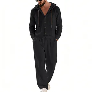 Schwarzes Herren-Leinen-Strandset mit Kapuzenhemd und gerade geschnittener Freizeithose
