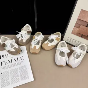 Kids Retro Sneakers Cow Split Leather Patchwork Fashion Casual Shoes With Lace Bow Non-slip Soft Sole For Boys Girls