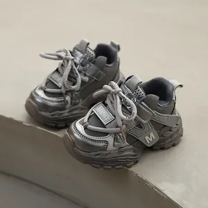 Trendy children's leather dad shoes in metallic grey with anti-slip soles for active wear