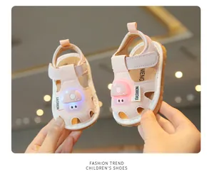 Close-up detail of pink toddler light-up sandals featuring a cute cartoon mushroom.