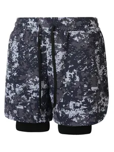 Pantalones cortos deportivos 2 en 1 para hombre con patrón de camuflaje digital gris