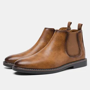Classic men's brown Chelsea boots with vintage brushed leather finish and elastic side panels