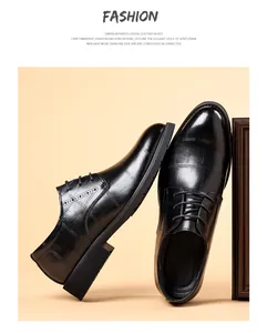 Side view of black men's business dress shoes with stylish checkered leather texture.